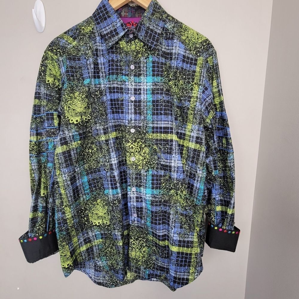 ROBERT GRAHAM BLUE YELLOW GEOMETRIC TARTAN PAISLEY SPLATTER SHIRT MEDIUM